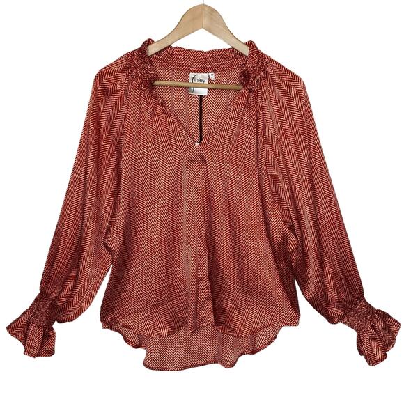 Finley Candace Satin Popover Peasant Blouse in Brick Herringbone, size XS - Picture 1 of 4